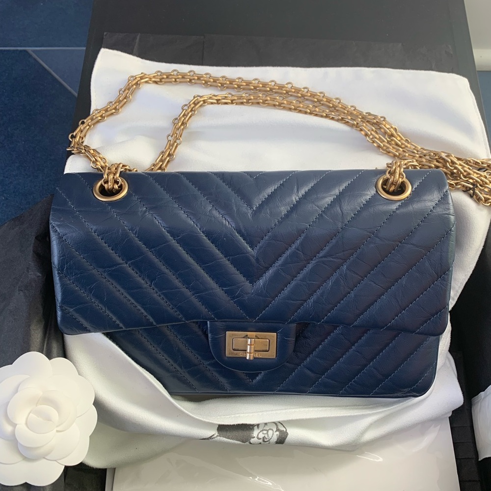 CHANEL  2.55 Reissue Double Flap Bag Chevron Blue w/receipt